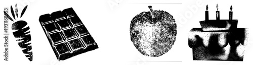 Graphic design featuring carrot, chocolate,, and birthday cake with candles, all in halftone dot, isolated vector illustrations.