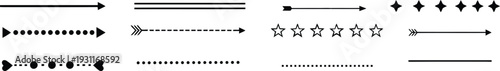 Decorative horizontal divider line set with arrows, dots and stars. Minimal black outline separators in clean linear style. Isolated graphic elements ideal for web design, invitations .