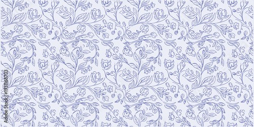 Seamless blue floral vine pattern with intricate leaves and blossoms. Elegant botanical decorative design in dense repeating layout. Classic ornamental background ideal for wallpaper, fabric .