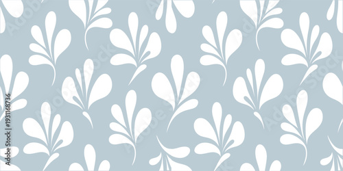 Seamless light blue floral pattern with white stylized leaves. Elegant botanical decorative design in repeating layout. Soft classic background ideal for wallpaper, fabric .
