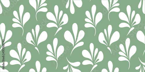 Seamless sage green floral pattern with white stylized leaves. Elegant botanical decorative design in repeating layout. Soft vintage background ideal for wallpaper, fabric .