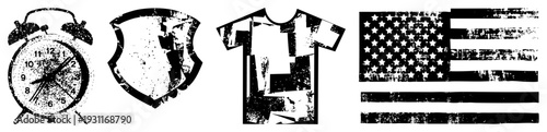 Distressed black and white vector vintage alarm clock, cracked shield, graphic tee, and weathered flag. Grunge texture, isolated design elements for digital use.