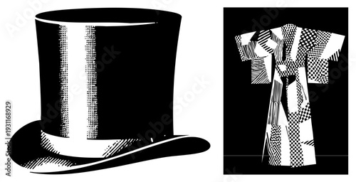 Classic top hat with halftone shading, traditional kimono with geometric, vector art, fashion illustration, stylized apparel, graphic design elements, vintage elegance.