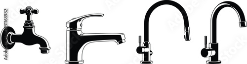 Water faucet silhouette set, kitchen tap, bathroom mixer, plumbing fixtures, home hardware, modern sink faucet icons, water conservation, renovation, piping.