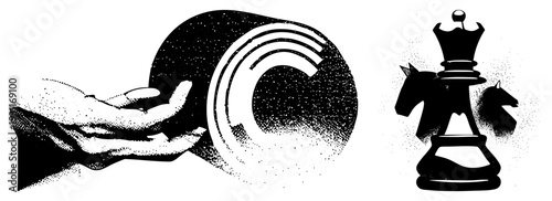 Vector halftone illustration of hands releasing a curved energy wave, paired with chess king and knight silhouettes, symbolizing strategy and power. Alternates tactical energy, strategic release.