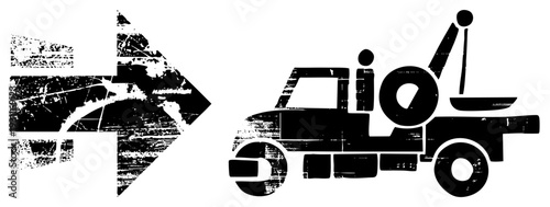 Black and white tow truck with distressed texture, directional arrow symbol, roadside assistance, vehicle recovery, flat vector design, emergency service, repair service.
