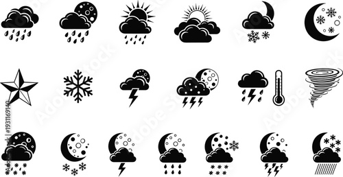 Weather forecast icons featuring rain, snow, thunder, sun, moon, clouds, tornado, thermometer, and seasonal climate symbols for meteorology and apps.