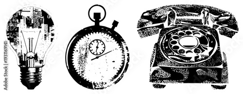 Retro vector lightbulb, stopwatch, rotary phone in gritty halftone. Ideal for nostalgic or analog tech design.