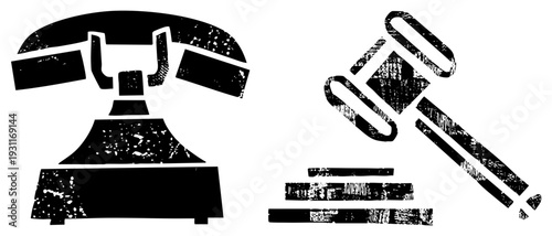 Retro rotary telephone and judge’s gavel with distressed texture, legal or communication symbols, vector graphic,, isolated elements.
