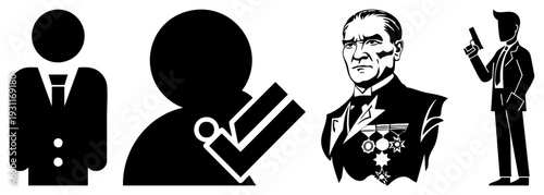 Vector of men in suits one with checkmark, one with medals, one holding gun, one neutral. Symbolize power, verification, security, and leadership.