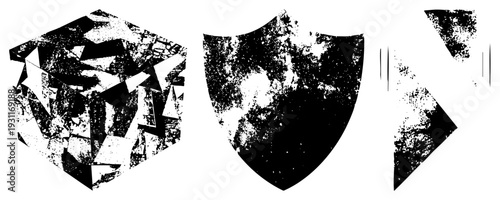 Abstract vector featuring a fractured cube and shield with gritty texture, graphic design elements, style, digital art assets, isolated symbols.