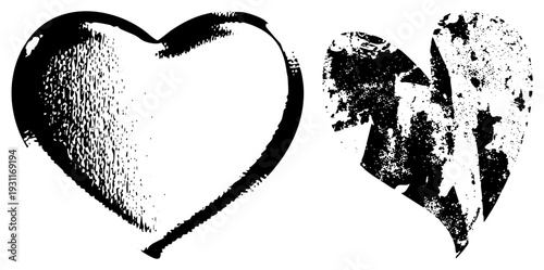 Black and white graphic, one clean, one distressed grunge, artistic ink textures, vector illustration, romantic symbol, love, isolated design.