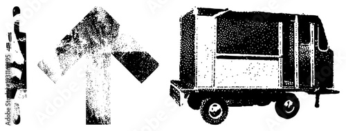 Retro halftone print of garbage truck and directional arrows, vector illustration, urban waste management, minimalist glyph art, black and white graphic design.