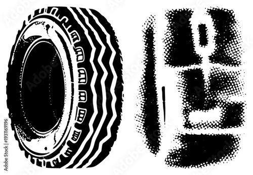 Classic tire tread, rubber tire graphic, automotive wheel design, halftone print style, black and white vector art, isolated car part, tire tread texture.