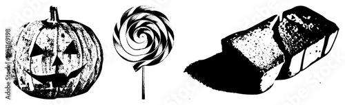 Halloween pumpkin with carved face, spiral lollipop on stick, sliced bread with crumbs, black and white halftone style, isolated food items, festive snacks, vector graphic.