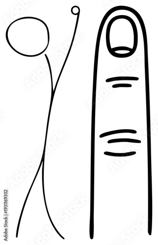 Simple art of a human figure holding up a finger, in black, with nail, minimalist design, vector illustration.
