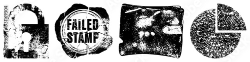 Worn, distressed vector including padlock, failed stamp, wallet, and pie chart, gritty texture, security concepts, data visualization, black and white halftone.