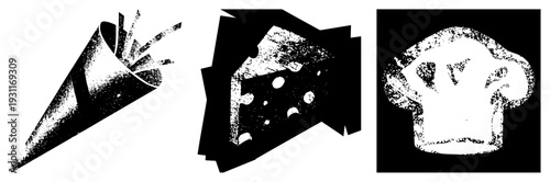 Halftone graphic french fries cone, cheese slice, chef’s hat,, stylized food symbols, kitchen essentials, vector art, isolated elements.