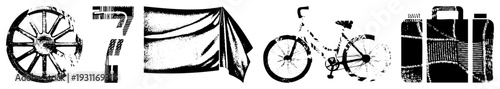 Stylized vector including wagon wheel, numeral seven, draped fabric, bicycle, and travel suitcases, rendered in halftone texture with bold, ideal for graphic design or print.