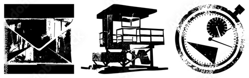 Retro graphic mail envelope, beach lifeguard station, analog stopwatch, distressed halftone texture, minimalist vector art.