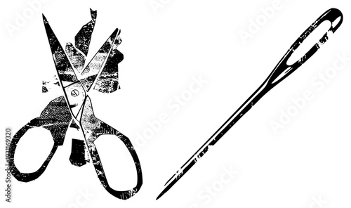 Classic sewing tools with distressed texture, fabric cutting scissors and, tailoring essentials, textile craft, black and white vector illustration.