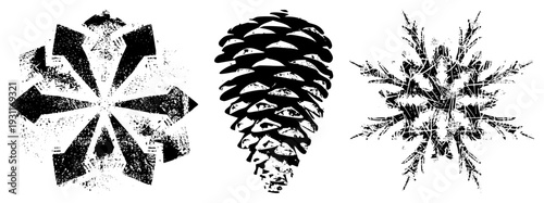 Black and white textured winter snowflake, pinecone, starburst. Retro print style. Holiday, seasonal, rustic, nature motifs.