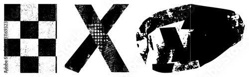 Distressed typographic elements with gritty texture, checkered grid, abstract glyph design, vector art, graphic design symbols.