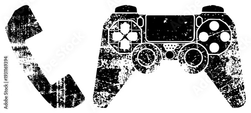 Retro telephone handset and modern gamepad with distressed texture, analog stick, directional pad, button layout, tech nostalgia, digital vs analog contrast.