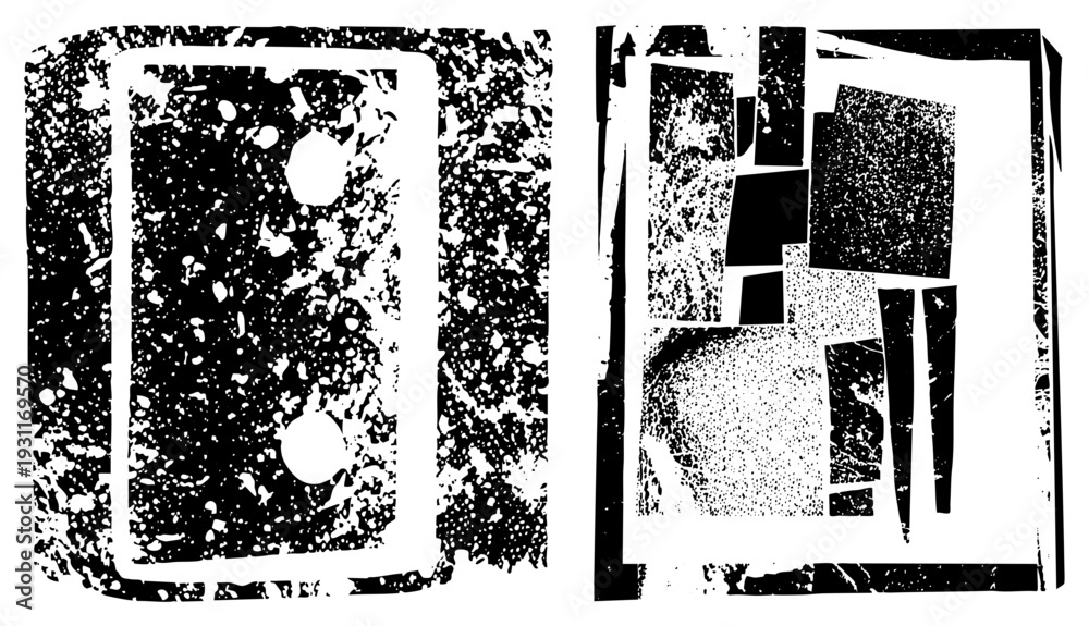 Fototapeta premium Stylized black and white graphic with distressed rectangles, halftone dots, fragmented shapes, and gritty texture, ideal for modern design or urban art.