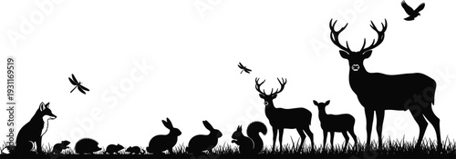 Woodland animals silhouette vector illustration, deer, fox, rabbits, squirrel, birds, dragonfly, forest wildlife scene, nature, biodiversity, peaceful coexistence