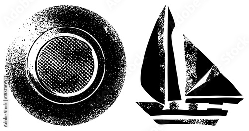 Black and white halftone sailboat silhouette, circular, vector graphic design, nautical symbol, stylized maritime, graphic element.