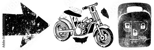 Classic motorcycle illustration with fragmented, halftone shading, retro style, isolated graphic, vector cutout, black and white design.