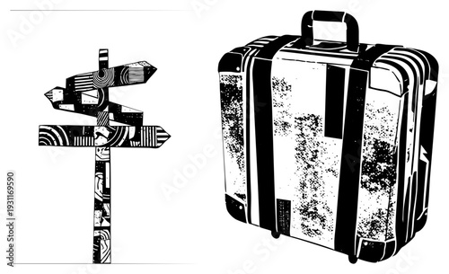 Retro suitcase with worn texture and handle, wooden signpost with arrows, travel theme, journey symbolism, black and white vector art, halftone effect.