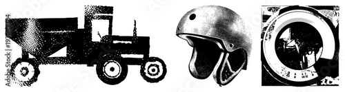 Retro cement truck silhouette, classic motorcycle helmet, vintage washing machine dial, halftone vector art, isolated foreground elements, industrial design motifs.