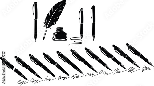 Writing instruments silhouettes vector illustration, quill, fountain pen, ballpoint pen, ink bottle, signature design, documentation, history, art, education