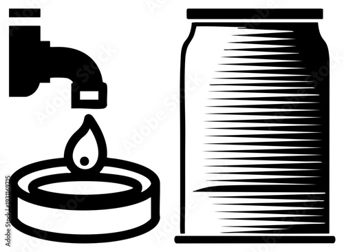 Faucet dripping water onto candle wick, minimalist, liquid drop, flame symbol, black, halftone texture, vector graphic.