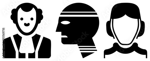 Three flat black vector of distinct humans curly hair/collar, profile/headband, short hair/mustache white negative space, ideal for UI/graphic design.