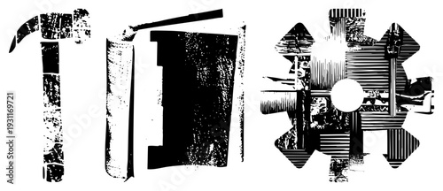 Hammer, book, gear with halftone texture, mechanical symbols, vector, industrial design, technical illustration, graphic.