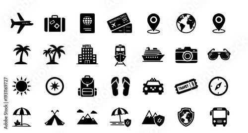A collection of black and white travel icons on a white background