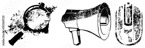 Magnifying glass inspecting detail, megaphone amplifying voice, computer mouse controlling cursor, all rendered in halftone vector style. Search terms loupe, zoom tool, amplifier, input device.