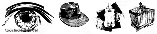 Graphic of eye with lashes, fedora hat, baby bottle, birdcage each rendered in high contrast halftone style. Vector glyphs for design, branding, or UI elements.
