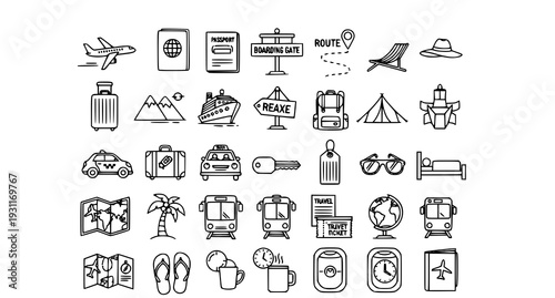 A collection of travel icons and symbols in a minimalist line art style