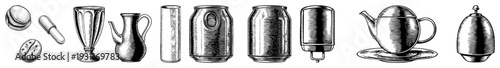 Hand drawn collection of drink vessels, including teapot, cans, glassware, and coffee beans, rendered in classic engraving style.