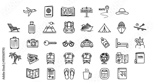 A collection of travel icons and symbols in a minimalist line art style