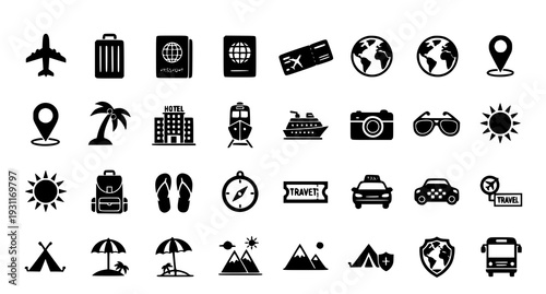 A collection of black travel icons on a white background