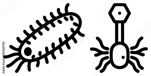 Microbial cell and virus depicted in minimalist style, germ, microbiology symbols, pathogen representation, medical illustration.