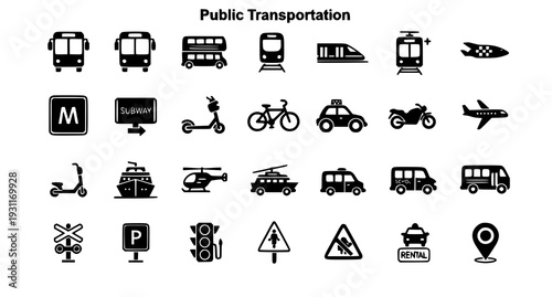 A collection of black and white vector icons representing various public transportation modes