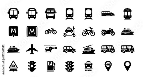 A set of black and white transportation icons on a white background