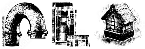Curved pipe elbow joint, architectural elevation drawing, scaled model house, halftone texture, technical illustration, engineering schematic, building blueprint.