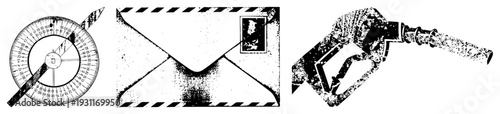 Measuring tool, postal mail, fuel dispenser nozzle technical drawing, halftone texture, isolated vector graphics, engineering and logistics symbols.